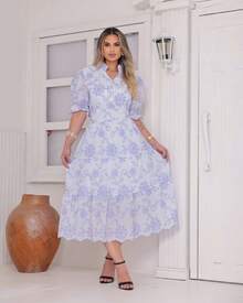 Women's Fashion Midi Dress In 3D Laise Fabric With Elastex On The Back And Button On The Front And Lining - White/blue - View 2