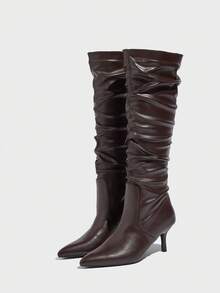 2025秋冬新款女式时尚舒适百搭纯色百搭各种场合旅行度假褶皱套脚高跟长靴西部靴/猫跟靴