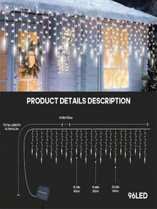 1pc Solar-Powered LED Icicle String Lights - Christmas Icicle Curtain Light Decor With 96LED Droop, Xmas Indoor/ Outdoor Perfect For Holiday Celebrations Christmas Lights (300mAh)