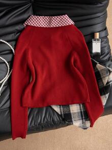 女士休闲格子拼布翻领系带长袖针织开衫，秋冬 - 紅色 - 查看 7