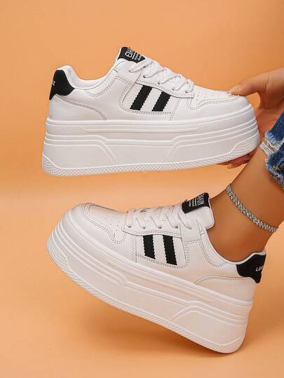 Fashionable Lace-Up White Platform Sneakers For Women