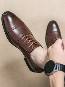 Men's Formal Lace-Up Shoes, Men's Luxury Business Formal Oxford Shoes In Black And Brown, Pointed Toe Dress Shoes For Wedding And Party, Fashionable Oxford Shoes For Winter, Gentleman Work Shoes, 2025 New Fashion Party Brogue Casual Derby Shoes For Autumn, Comfortable Gentleman Groom Wedding Shoes For Spring, Classic Formal Dress Shoes For Office, Handmade Professional Vintage Triple-Buckle Leather Shoes - Brown - View 10