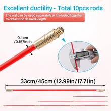 10Pcs 33/45CM Red Fiberglass Wire Cable Push Puller Running Rods Fish Pulling Kit Wall Electrical Wires With Hook Rods Tool