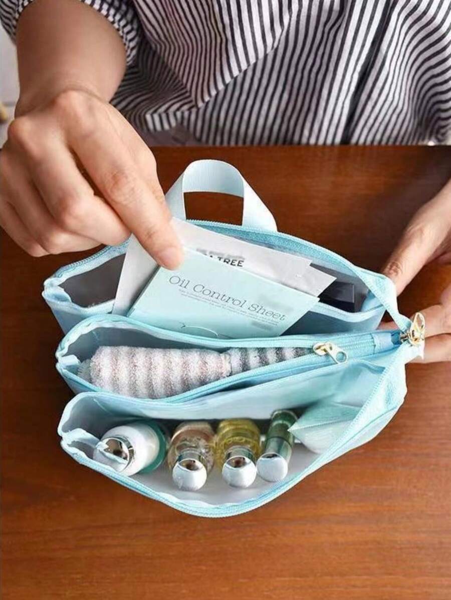 三层大容量透明网眼化妆包，轻便旅行化妆品和洗漱用品收纳袋，耐用涤纶材质，不防水，拉链封口，男女通用，旅行必备，邮轮度假必备 - 彩色 - 查看 1