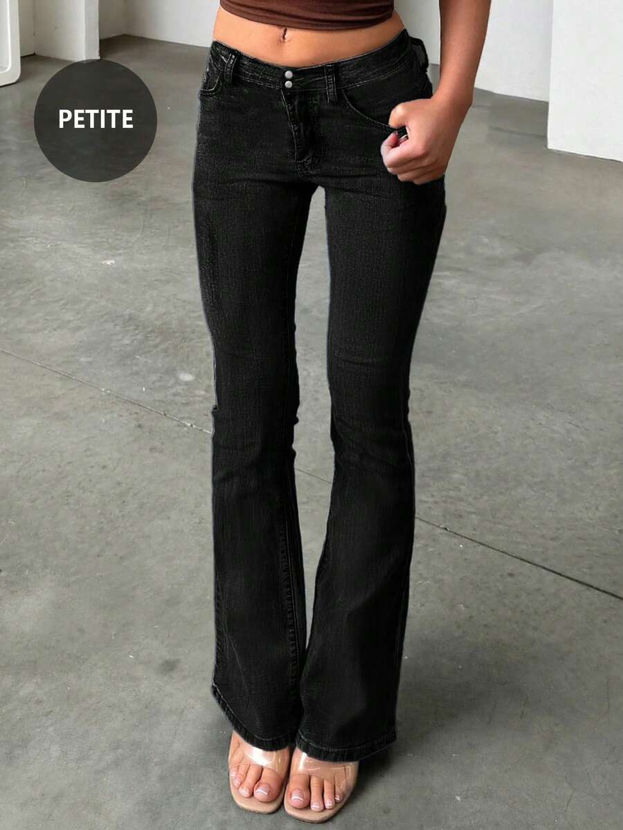 Retro Elegant High Waist Button Slim Fit Low Waist Sexy Casual Washed Solid Color Jeans Spring Black - Black - View 1