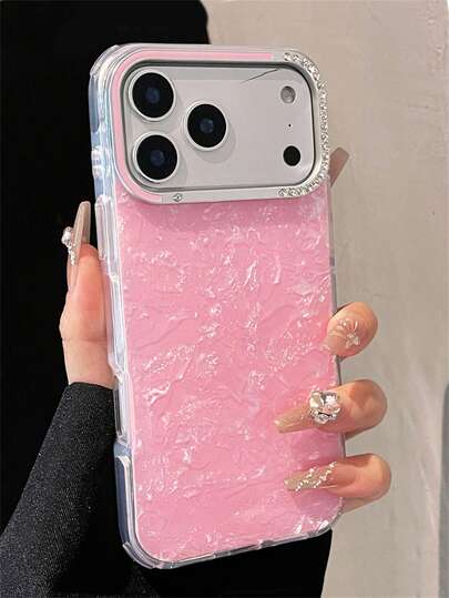 Funda de teléfono con marco de lente con brillantes de lujo, textura de concha láser, compatible con iPhone 17 16 15 14 13 Pro Max, regalo artístico brillante, protección suave y resistente a golpes