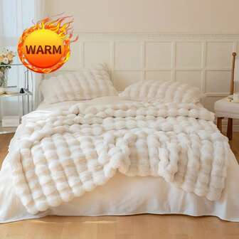 1pc Thick & Warm White Bubble Fleece Multipurpose Blanket, Soft & Fluffy, High Density Double-Layer, Cozy & Insulating - Suitable For Home, Travel, Office & Camping, Machine Washable