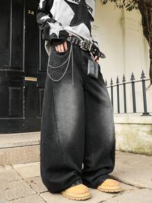 男士拼接阔腿牛仔裤，休闲街头风哥特设计筒状裤腿，四季皆宜 - 黑色 - 查看 2