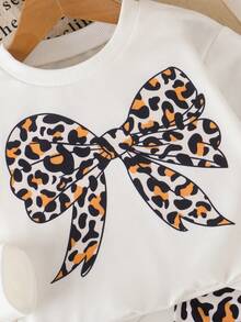 Áo dài tay họa tiết da báo trang trí nơ cho bé gái + Quần dài thường ngày họa tiết da báo toàn thân - trắng - Xem 3