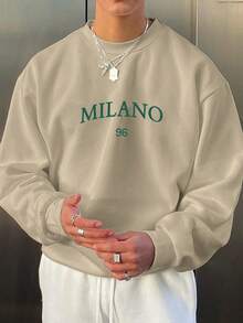 Men's Stylish Creative Milan Typography Print Casual Sport Commuter Versatile Crew Neck Sweatshirt