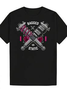 Men'S Summer Casual Crew Neck Polyester T-Shirt With "Bagged Vs Static" Graphic Design, Lightweight 150g/M², Regular Fit, Breathable Fabric For Casual Attire, Machine Washable, Perfect For Room Decor - Black - View 2