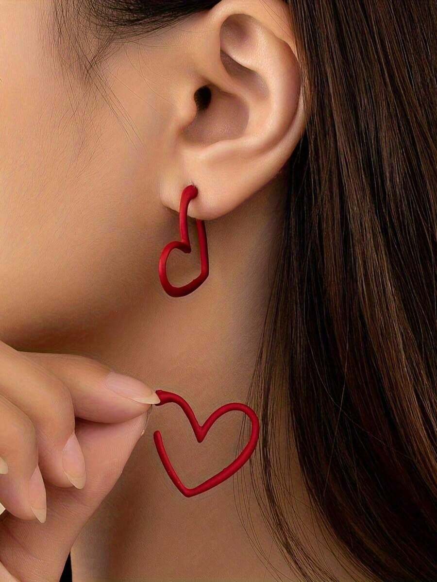 1 Pair Fashion 2025 Valentine's Day New Design Smooth Metal Heart-Shaped Earrings, Matte Red Lacquered Soft Heart Earrings, Versatile & Elegant Earrings For Women, Party & Daily Wear, Valentine's Day Gift - Hoa tai hình trái tim nhỏ - Xem 1