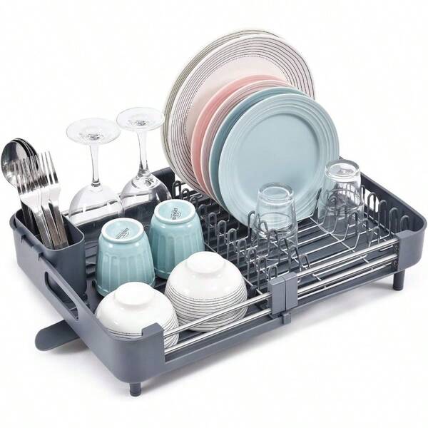 Extendable Dish Draining Rack Stainless Steel Foldable Dish Draining Rack With Removable Cutlery Holder And AntiScratch Holder Swivel Drainage Spout