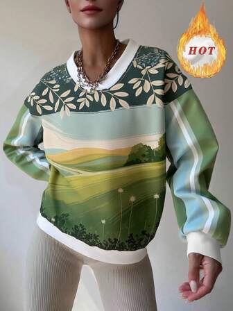 Women's Drop-Shoulder Sweatshirt With Landscape Print Knitted Fabric, V-Notch, Versatile For All Seasons, 3D Digital Print, Can Be Worn With A Jacket