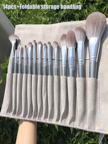 14pcs Professional Makeup Brush Set With Foldable Leather Carrying Case, Includes Powder Brush, Foundation Brush, Eyeshadow Brush, Eyebrow Brush, Concealer Brush, Contour Brush And Travel Brush. Ideal For Makeup Beginners And Great Gift For Christmas And Valentine's Day. - Grey - View 7