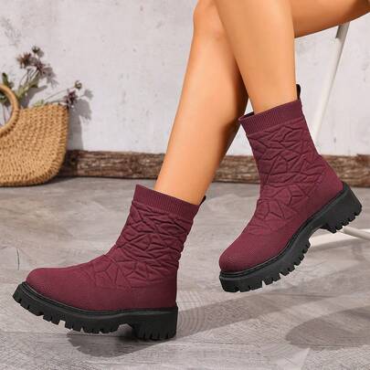 1 Paio di Stivaletti alla Caviglia da Donna di Colore Unito, Alla Moda e Caldi, con Elastico, Stile Casual Occidentale per Uso Esterno, Antiscivolo