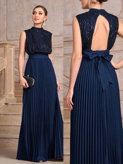 Elegant Pleated Lace Patchwork Button Formal Evening Gown