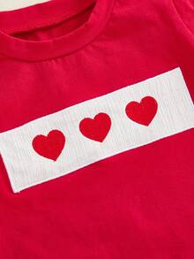 Toddler Baby Boy Valentine's Day Outfit Heart Embroidery Smocked Short Sleeve T-Shirt Top Plaid Shorts Set - Đỏ - Xem 7