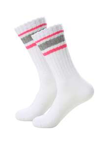 1/3 Pairs Women's Autumn/Winter Striped & Solid Color Crew Socks, Versatile Wear For Daily, Gift, Office, Home, Sports