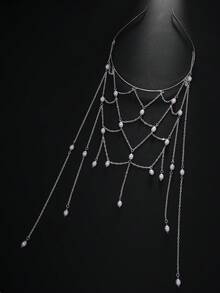 1 pieza Cadena para el cabello con borlas de malla hechas a mano y perlas falsas, diadema de perlas falsas versátil para novia, accesorio de cabello de alta gama para decoración de boda, tocado