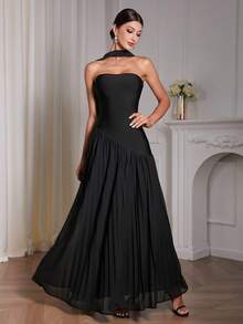 Women's Elegant Solid Knit Splicing Asymmetric Design Maxi Bodycon Bandage Dress, Sexy Backless Ruffle Hem For Party Dress,Women's Pleated Extra-Large Skirt Ball Evening Gown,Graduation Dress, Celebrity Gala Dress,Prom Dress With Scarf,New Year Dress