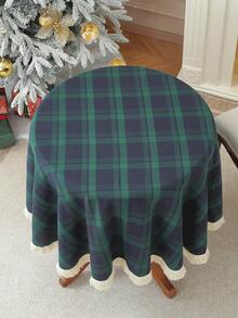 1pc Green Plaid Tablecloth With Lace Trim, Classic Nordic Style Dining Table Decor, Suitable For Christmas, New Year Party, Table, Coffee Table, Wedding Decoration