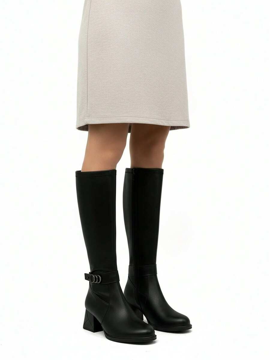 Women's Solid Color High Heel Versatile Fashion Mid-Calf Boots, Suitable For Autumn/Winter - Black - View 1