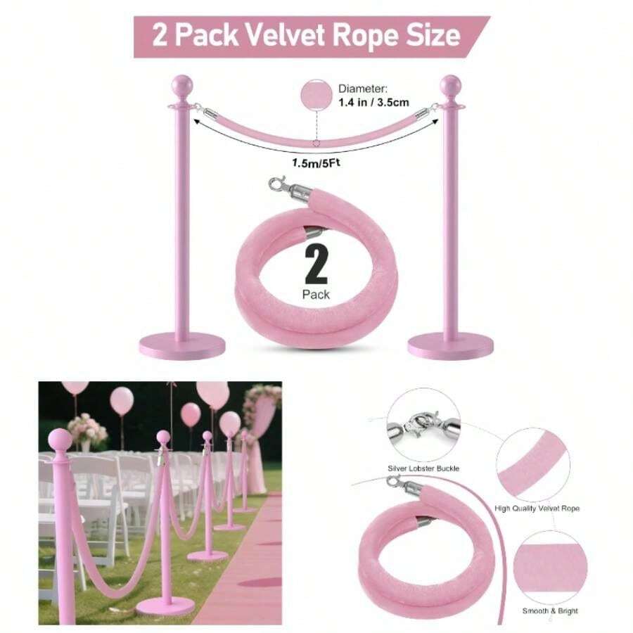 2 Pack Stanchion Ropes, 5 Feet Crowd Control Velvet Rope With Gold ...