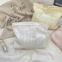 Large Capacity Women's Makeup Bag/Organizer Pouch, Casual Compact Zipper Travel Clutch, Heart & Bow Embroidery Cosmetic Bag, Toiletry Bag, Travel Essential, Cruise Essential, Vacation Essential, Unisex