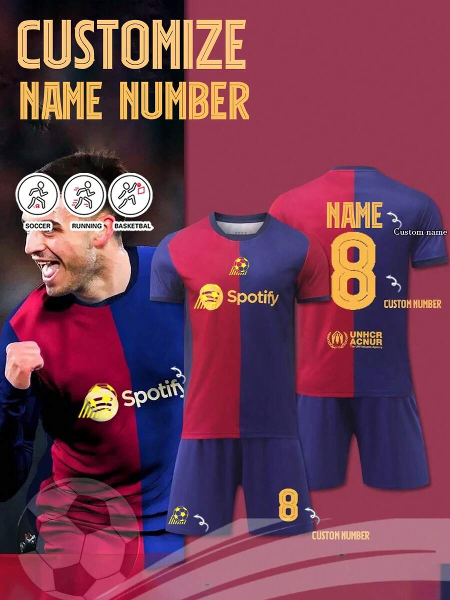 2pcs Personalized Football Jersey, Barcelona 2526 Football Jersey, Men's Personalized Football Jersey, Men's Sports Suit, Sports Suit, Men's Running Suit, Summer Men's Suit, Men's T-Shirt Suit, Football Jersey, Personalized Football Jersey, Football Jersey With Number Printing, Suitable For Daily Wear, Football, Badminton, Basketball, Cycling