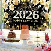 1 件金色 2026 新年快乐背景 7x5 英尺 - 闪闪发光的烟花和气球装饰摄影背景，闪闪发光的除夕派对照片展位道具，适用于工作室、家庭、俱乐部庆祝活动、圣诞节墙壁装饰 - 彩色 - 查看 2