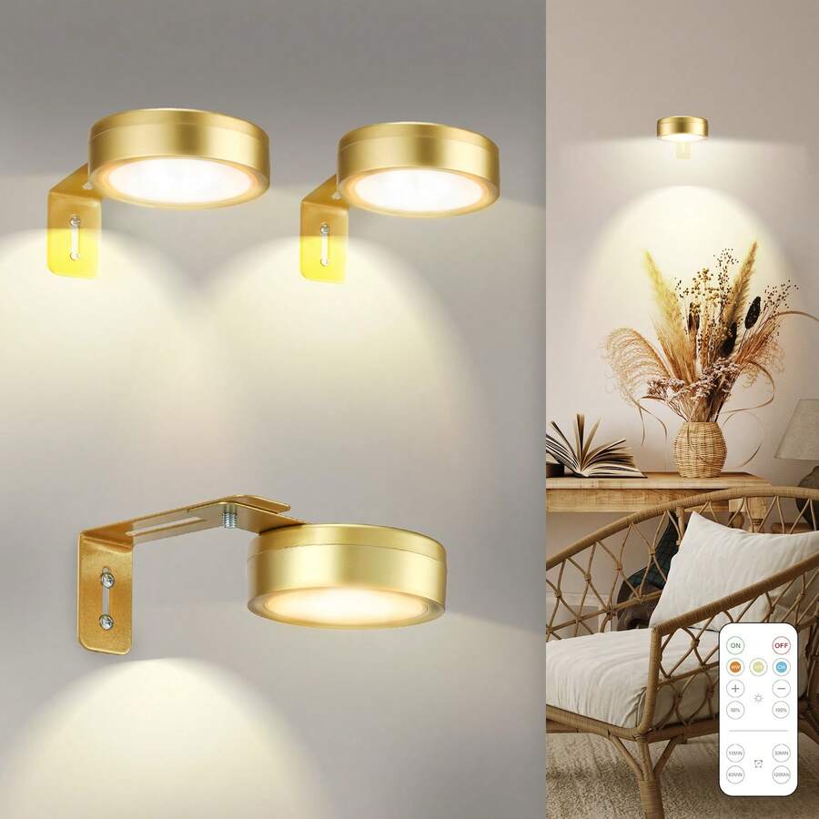 Gold Battery Operated Picture Light, Wireless Picture Lights For Wall With Remote Dimmable Timer,3 Lighting Modes Pictures Frame Light For Artworking,Magnetic Painting Lights Wall Decor - Vàng (Chạy bằng pin) - Xem 1