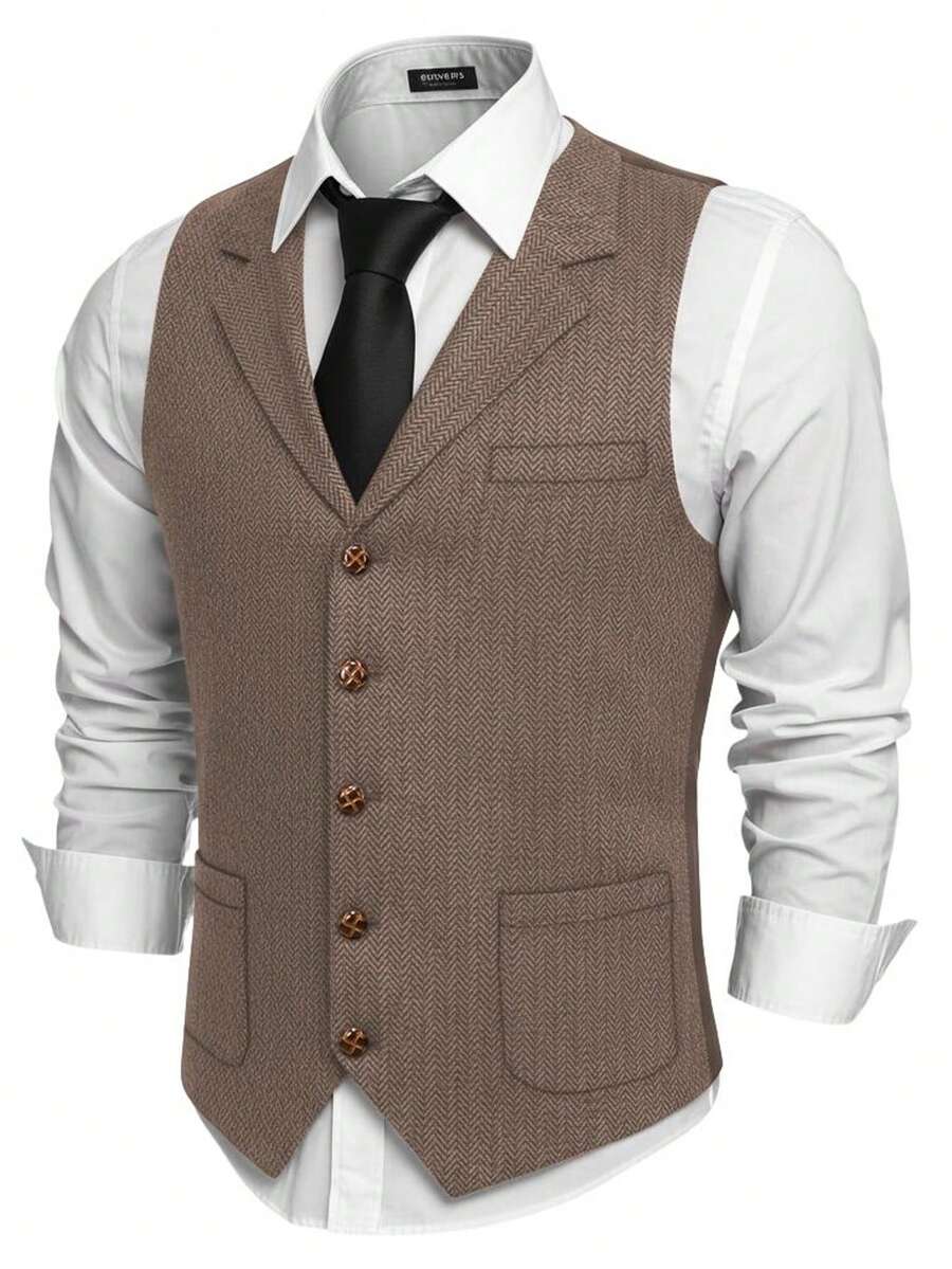 Casual Men's Vests Herringbone Tweed Vest V-Neck Waistcoat For Men Retro Men's Wedding Vests Hunting Travel Workwear Vest - 摩卡棕 - 查看 1