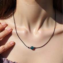 1pc Minimalist Nature-Inspired Black Cord & Silver Chain Single Blue Stone Necklace, Suitable For Daily/Casual Wear