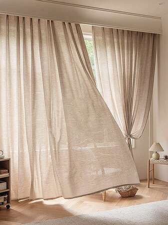 1件米色亚麻质感窗帘，日式简约风格装饰垂帘，适用于客厅、卧室和门窗装饰
