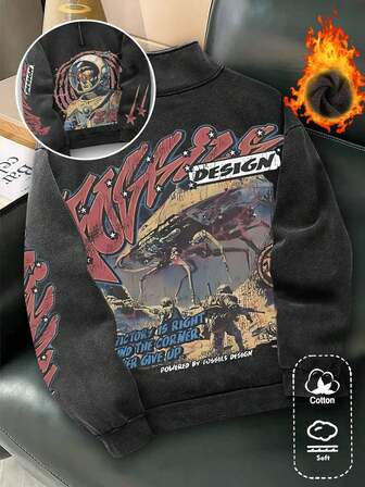 男士标语印花四分之一拉链休闲抓绒卫衣，秋冬季长袖上衣