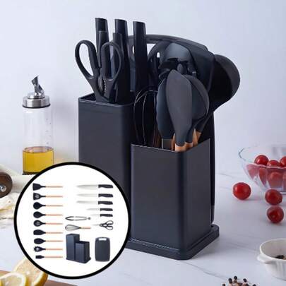 Kit19Pcs Utensílios De Cozinha De Silicone Conjunto, Panelas Antiaderentes, Espátula, Pá, Batedores De Ovos, Cabo De Madeira, Ferramenta De Cozinha