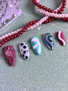 10片/套 女士美甲贴纸，法式美甲粉色渐变，粉蓝闪粉设计，全覆盖亮面亚克力可重复使用假指甲套装，含指甲胶水，适合圣诞派对、情人节约会、日常佩戴，精美礼品美甲用品，手工制作按压式美甲贴片 - 藍白色 - 查看 6