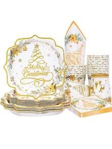 Bộ đồ ăn 10/20/50 chiếc hình tuần lộc Giáng sinh vui vẻ, đĩa giấy hình cây thông Noel hình hươu vàng, đĩa ăn tối thanh lịch 9 inch, đĩa tráng miệng dễ thương 7 inch, cốc uống nước và khăn ăn trang trí, bộ đồ ăn cho tiệc Giáng sinh và trang trí mùa đông - Nhiều màu - Xem 1