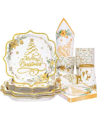 10 件/20 件/50 件圣诞快乐驯鹿餐具套装圣诞金树鹿扇形纸盘优雅 9 英寸餐盘可爱 7 英寸甜点盘饮水杯和装饰餐巾餐具套装适用于圣诞节冬季派对装饰