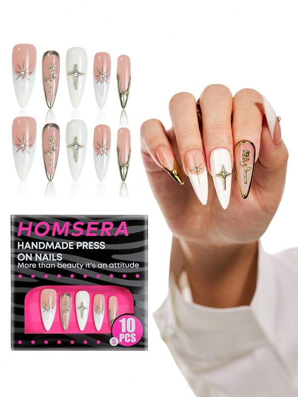 10Pcs Gold Chrome French Stiletto High Press On Nail Tips, Handmade Acrylic Press-On Nails With 3D Gold Flowers, Stars And Diamond Charms Decorations, Suitable For Girls And Women Nail Supplies XXL/XXXL Daily Wear And Holiday Party Decoration Gifts