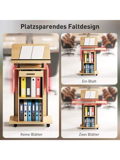 HOMCOM Rollbarer Podium St Lectern Folding Side Wings, Laptop Bureau Drawer Shelves, Oak Look view 9