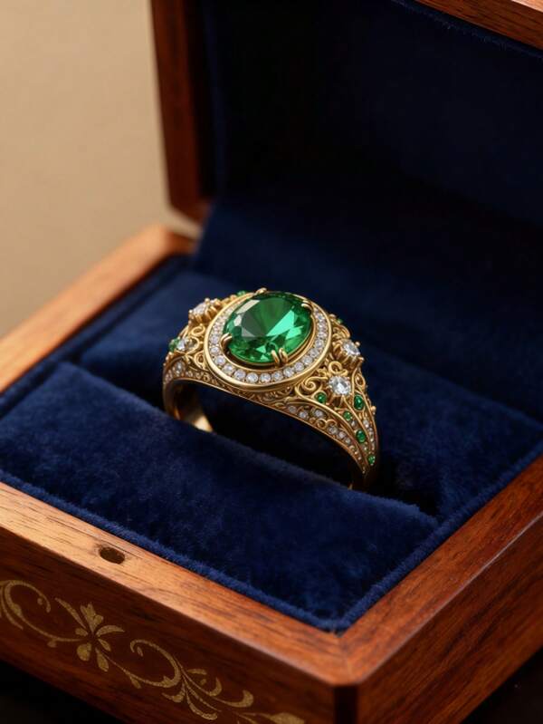 Men's Fashionable Luxury Sparkling Green Synthetic Cubic Zirconia Ring, Copper Material, Suitable For Formal Wear, Jewelry, Father's Day Gift