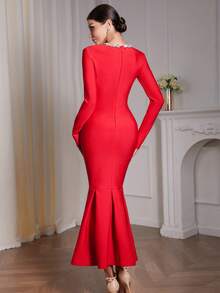 Women's Elegant Patchwork Design Fish Tail Hem Long Bandage Dress,Elegant Long Sleeve Bodycon Bandage Dress,High-End Handmade Rhinestone Embellished Party Dress, Luxury Celebrity Runway Dress, Gala Evening Gwon,Red Christmas Dress For Women,New Year Dress