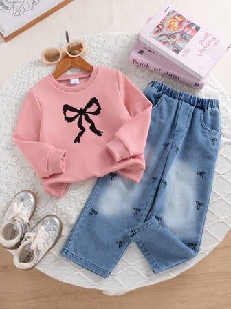 2pcs Baby Girl Cute Bow Print Sweatshirt And Pants Set, Casual Outfit For Daily, Outdoor, Commute, School, Vacation, Photo Shoot
