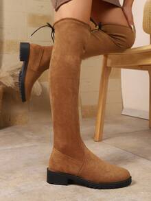 Bottes hautes à la mode pour femmes, bottes en tissu élastique de couleur unie, style de boîte de nuit, nouveau design pour femmes, convient pour la maison, le bureau, l'automne/l'hiver - Tabac - Voir 4