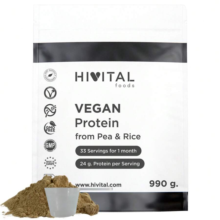 HIVITAL foods Proteína Vegana 990 g para 1 mes de tratamiento. 24 g de Proteina Natural al día. Protein a base de Aislado de Guisante y Concentrado de Arroz. Con Aroma Natural de Chocolate. Sin Soja. Sin Estearato de Magnesio ni Dióxidos de ningún tipo. 100% Natural, Vegano y Sin Gluten. Fabricado en España por HIVITAL. ✅Entrega 24/48h