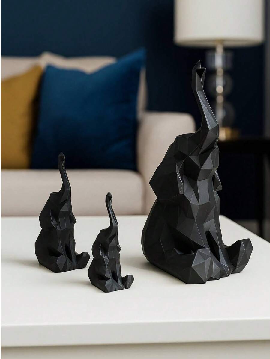 Kit Of 3 Decorative Elephants Family Geometric Modern For Living Room, Bedroom, Office, Creative Gift And Decoration - màu đen - Xem 1