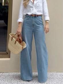 女士时尚阔腿牛仔裤，长款纽扣设计，中等弹力面料，派对必备