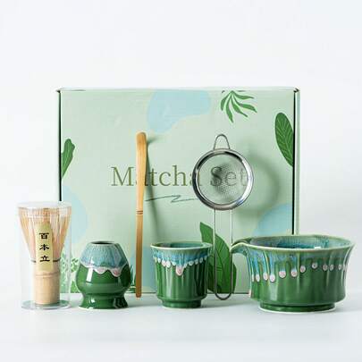 Set Of 6 Glazed Green Matcha Kit, Ceramic Easy-Pouring Bowl, Matcha Whisk Set For Match Stater, Stainless Sifter, Bamboo Whisk, Scoop, Matcha Cup And Holder - Complete Matcha Whisk Set Gift For Matcha Starter, Japanese Matcha Set
